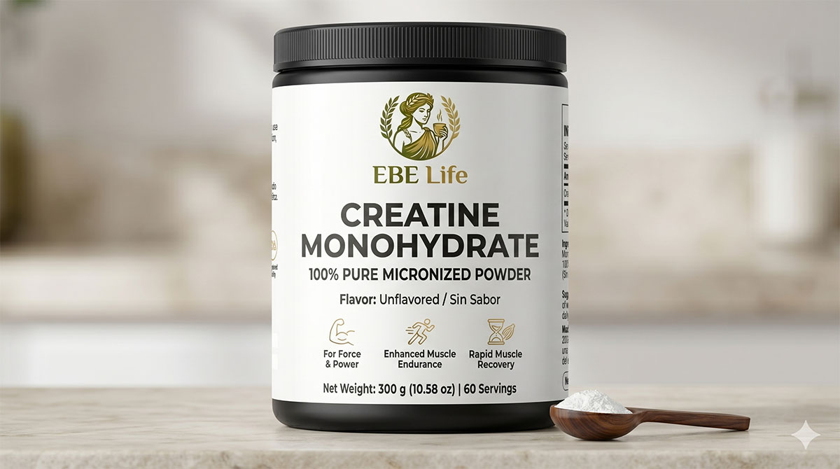 Render fotográfico de alta pureza del envase de Creatina Monohidratada EBE LIFE